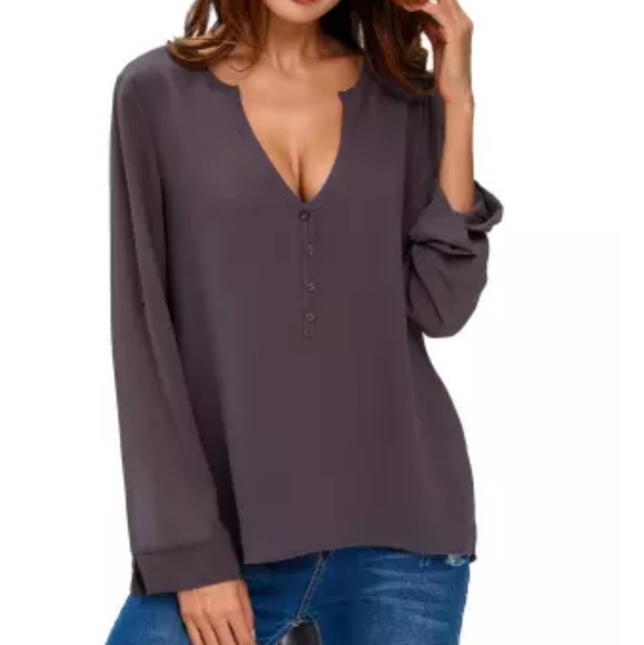 Grey Chic High-Low long-sleeved boho blouse - Picture 4 of 11